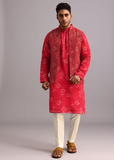 Red Floral Print Jacket Kurta Set In Georgette