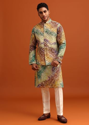 Green Bandhani Print Jacket Kurta Set In Georgette