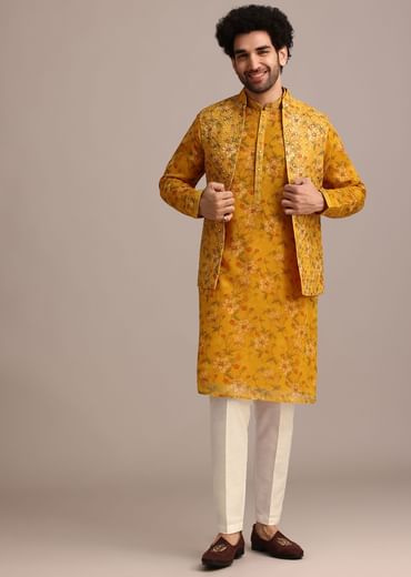 Yellow Georgette Kurta And Jacket Set With Mirror Work