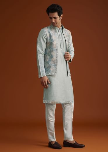 Grey Kurta Pant Set With Mirror Work Nehru Jacket