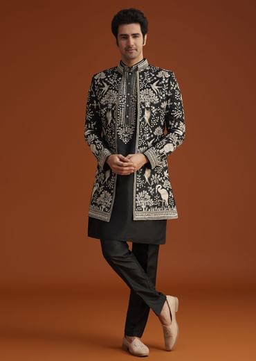 Black Embroidered Indo Western Sherwani Set
