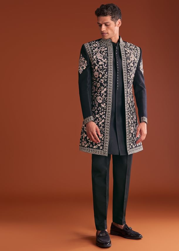 Black Cotton Silk Sherwani Suit With Floral Embroidery Black Cotton Silk Sherwani Suit With Floral Embroidery