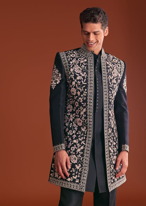 Black Cotton Silk Sherwani Suit With Floral Embroidery Black Cotton Silk Sherwani Suit With Floral Embroidery