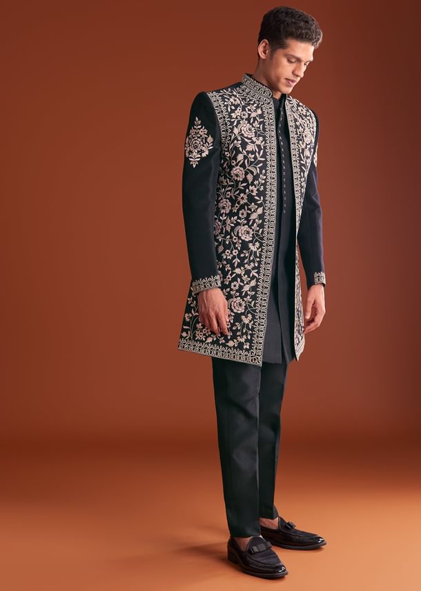 Black Cotton Silk Sherwani Suit With Floral Embroidery Black Cotton Silk Sherwani Suit With Floral Embroidery