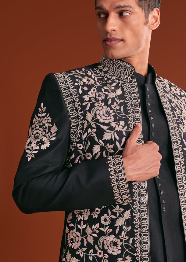 Black Cotton Silk Sherwani Suit With Floral Embroidery Black Cotton Silk Sherwani Suit With Floral Embroidery