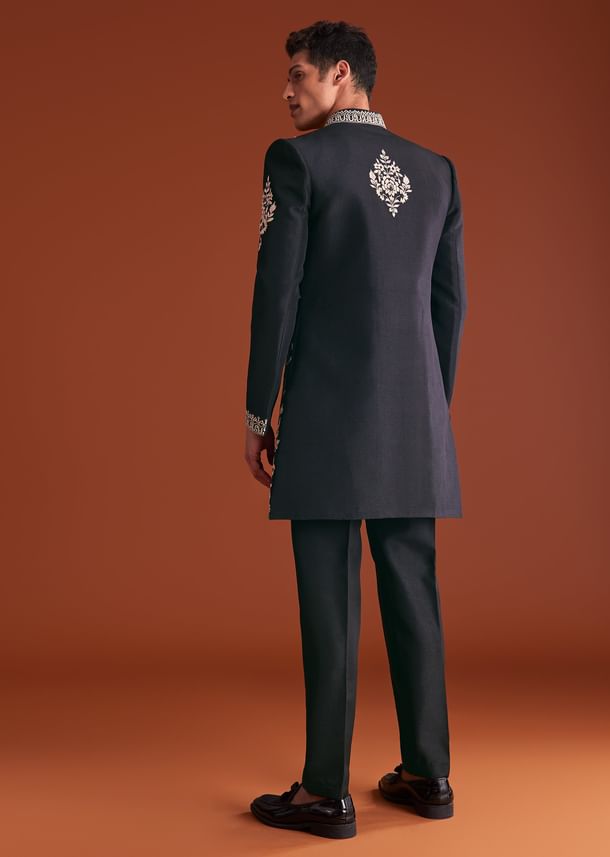 Black Cotton Silk Sherwani Suit With Floral Embroidery Black Cotton Silk Sherwani Suit With Floral Embroidery