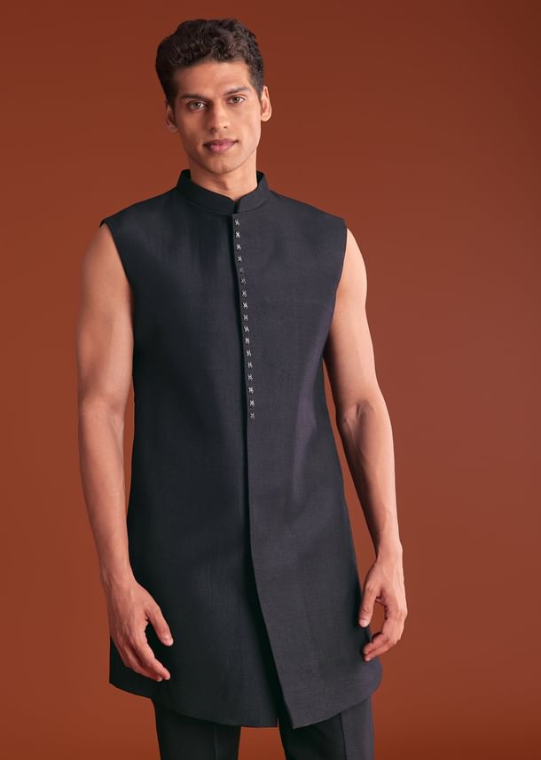 Black Cotton Silk Sherwani Suit With Floral Embroidery Black Cotton Silk Sherwani Suit With Floral Embroidery