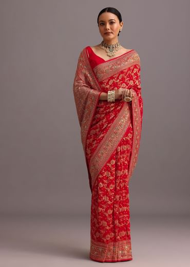 Red Georgette Woven Saree With Bandhani Jaal Work