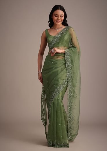 Forest Green Soft Organza Saree With Cutdana Sequin Embroidery
