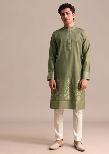 Green Hand Block Printed Kurta Set For Men
