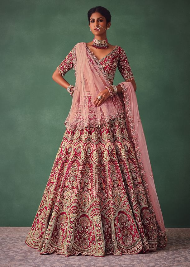 Raw Silk Red Bridal Embroidered Lehenga Set
