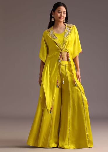 Lime Green Resham Work Palazzo Croptop Set With Jacket