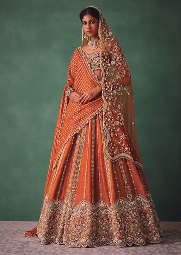 Rust Raw Silk Bridal Lehenga With Buti Work Dupatta