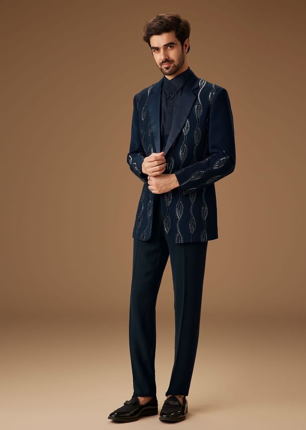 Blue Linen Tuxedo With Hand Embroidery