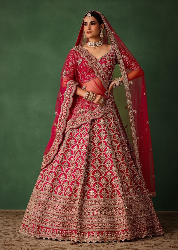 Cherry Red Raw Silk Hand Embroidered Lehenga Set With Net Dupatta