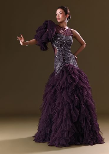 Deep Violet Mermaid Fit Asymmetric Gown With Ruffle Detailing
