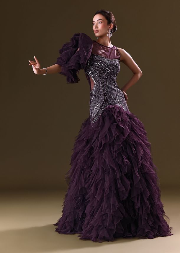 Deep Violet Mermaid Fit Asymmetric Gown With Ruffle Detailing