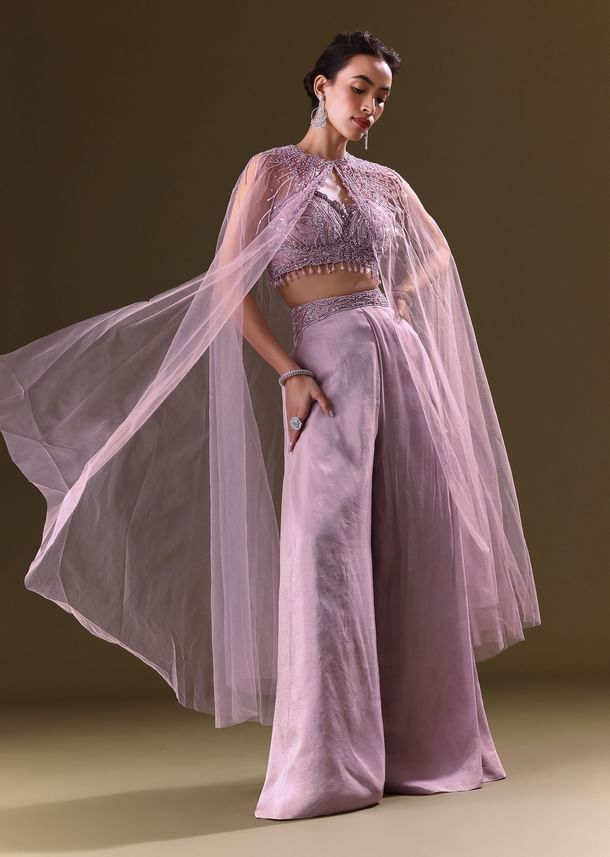 Lilac Embroidered Bustier And Cape With Flared Pant