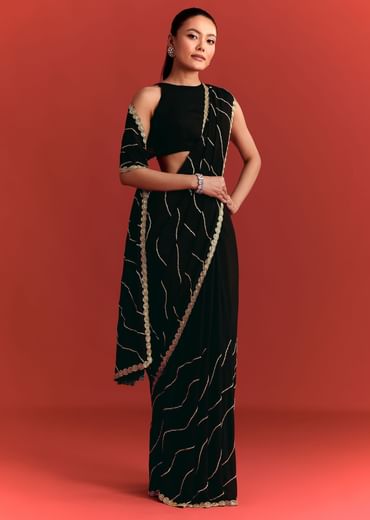 Black Saree In Chinnon With Cutdana Work