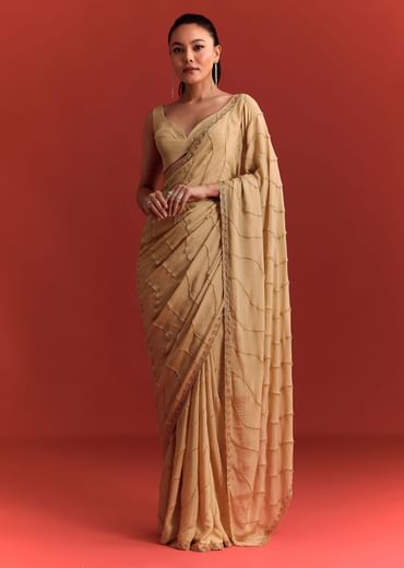 Off White Saree In Chinnon With Cutdana Work