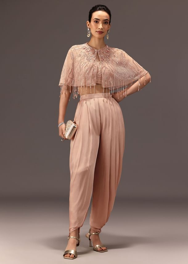Nude Pleated Blouse With Tassel Cape And Dhoti Pants