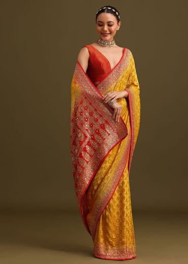 Yellow Khaddi Georgette Bandhani Weave Cutdana Saree
