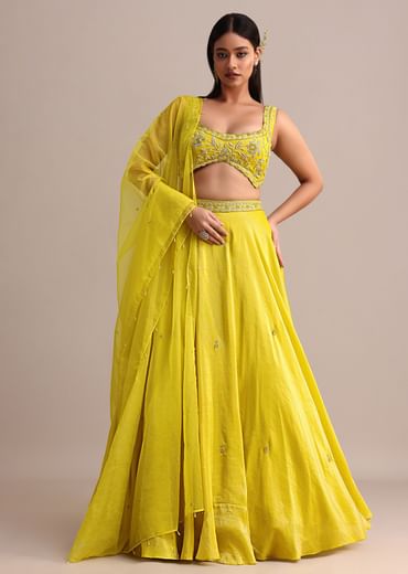 Yellow Garwal Tissue Double Circular Lehenga With Embroidered Blouse And Dupatta