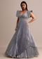 Ice Blue Organza Double Layered Circular Pleated Gown With Fancy Sleeves