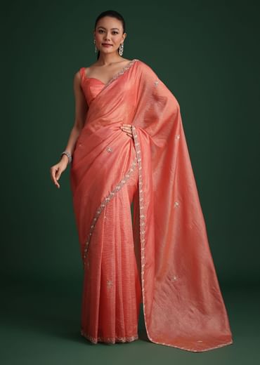 Peach Sequin Work Crushed Tissue Saree
