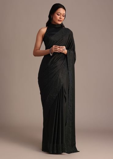 Black Satin Stone And Diamond Embroidered Saree