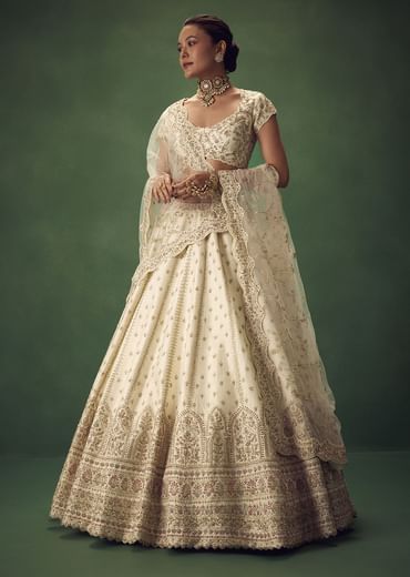 Ivory Lehenga Set With Hand Embroidered Thread And Zari Work