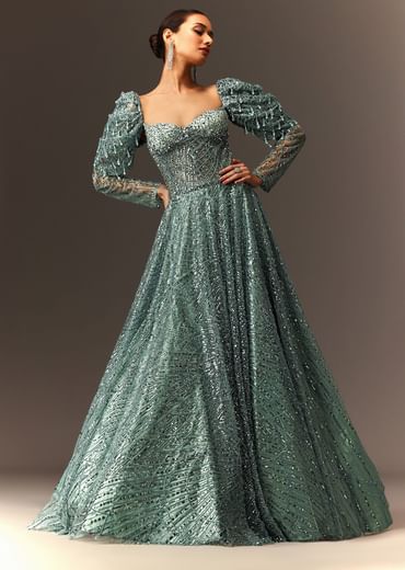 Blusih Grey Sequins Gown With Corset Blouse And Symmetrical Sleeves