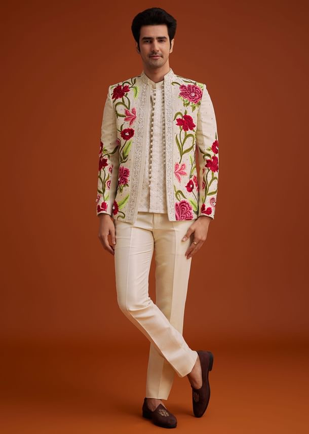 Cream Silk Jodhpuri Set With Floral Embroidery And Sequin Butti Work