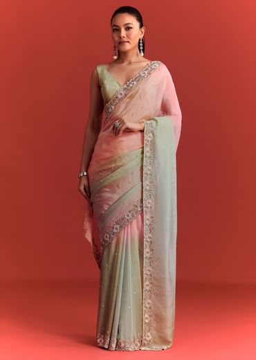 Sea Green And Light Pink Shaded Saree In Crepe Silk With Cutdana Embellishment