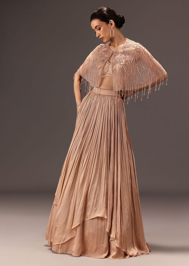 nude Ruched Blouse With Cape And Layered Skirt