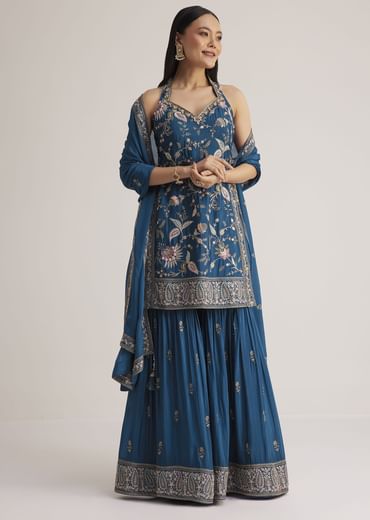 Blue Thread Work Sharara Suit With Dupatta