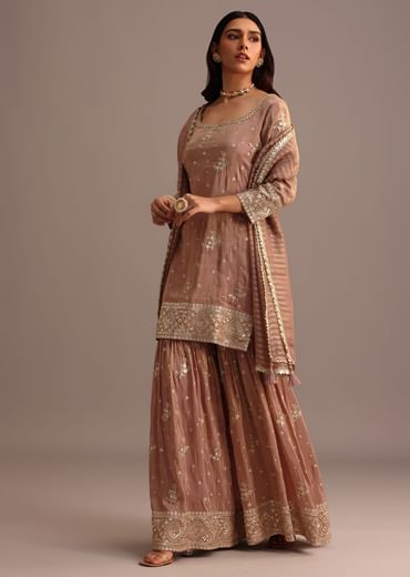 Purple Mauve Sequins Kurti Sharara Set With Chanderi Banarasi Dupatta