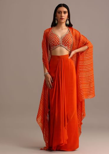 Orange Embroidered Croptop With Pleated Skirt And Chanderi Jacket