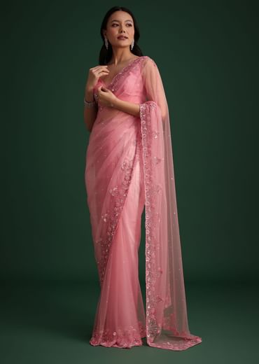 Pink Net Embroidered Saree With Cudtana And Sequin Work