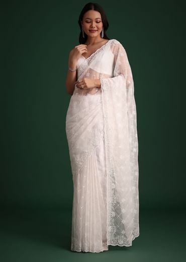 White Organza Saree With Cutdana And Sequin Embroidery