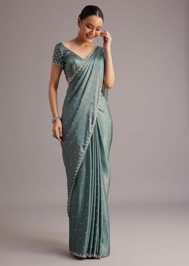 Teal Green Satin Saree Embroidered With Stones And Diamonds