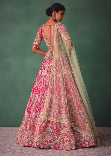 Rose Pink Bridal Lehenga With Scoop Neckline Blouse And Hand Work Dupatta