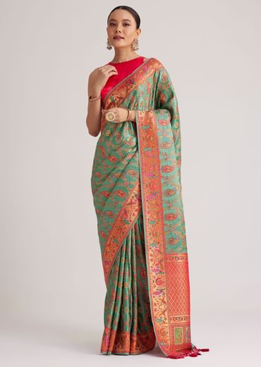 Peacock Green Satin Silk Saree With Jaal Work And Zari Border