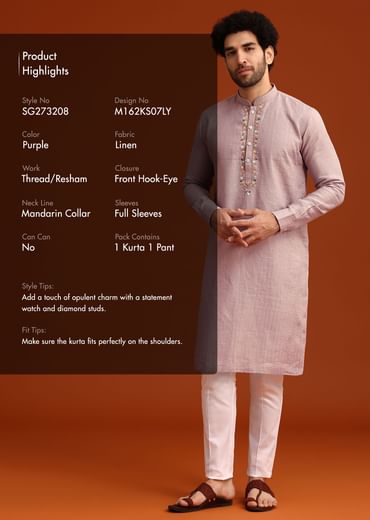 Purple Hand Embroidered Kurta And Pant Set In Linen