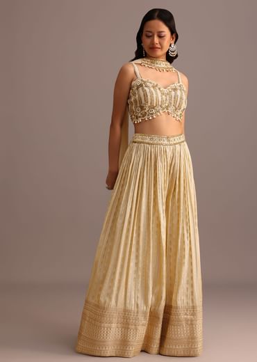 Off White Embroidered Croptop With Banarasi Weave Palazzo And Choker Dupatta