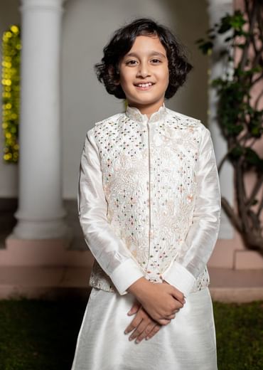 Off White Silk Embroidered Kurta Jacket Set