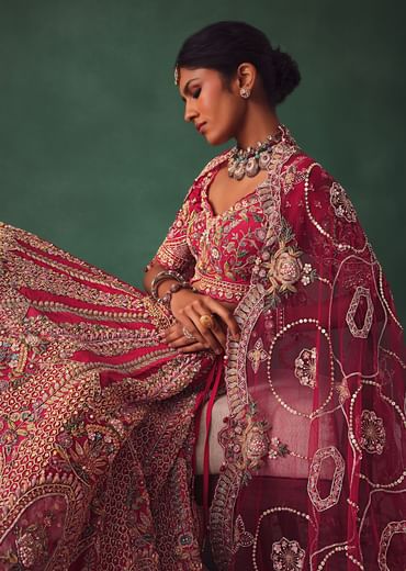 Raw Silk Red Bridal Lehenga With Embroidered Blouse And Scallop Dupatta
