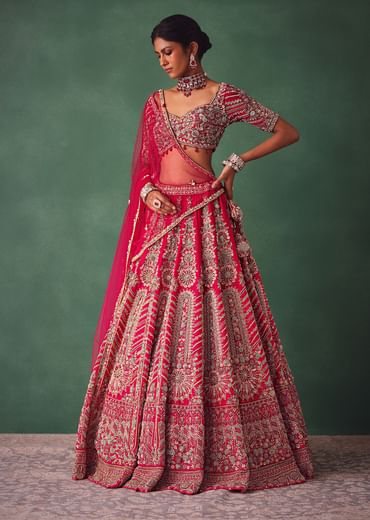 Raw Silk Red Bridal Lehenga With Embroidered Blouse And Scallop Dupatta