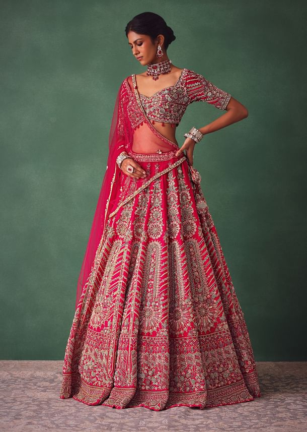 Raw Silk Red Bridal Lehenga With Embroidered Blouse And Scallop Dupatta