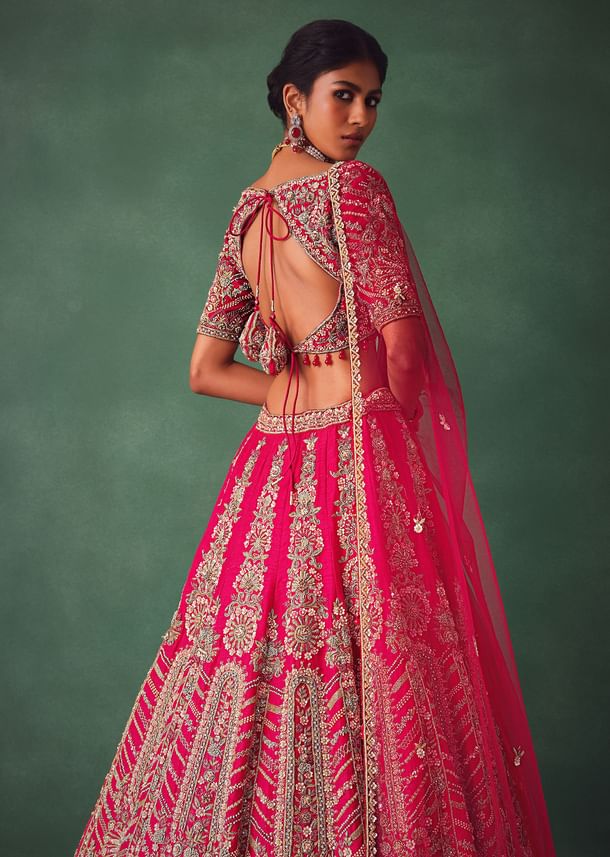 Raw Silk Red Bridal Lehenga With Embroidered Blouse And Scallop Dupatta